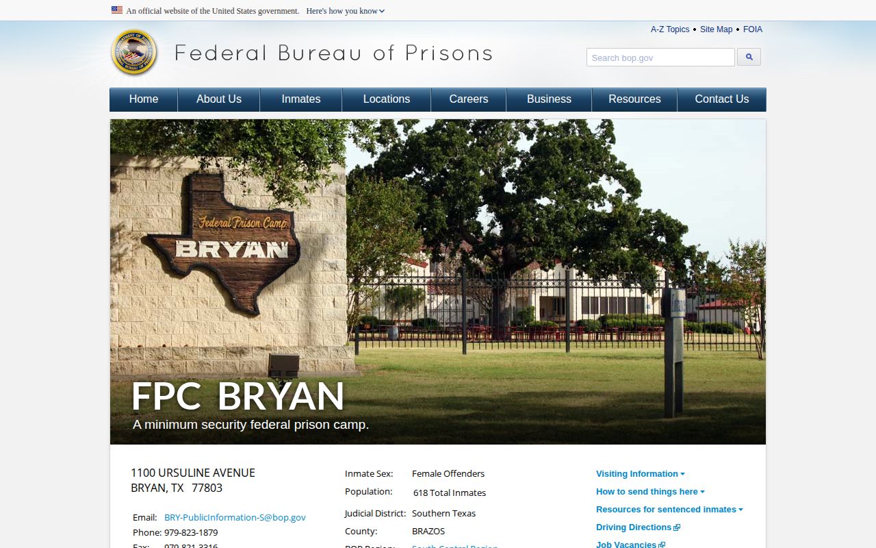 Federal Prison Camp Bryan official BOP facility and release contact information