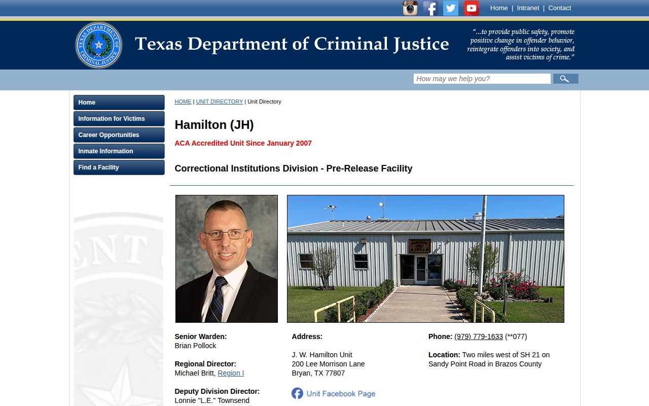J. W. Hamilton Unit official TDCJ pre-release facility information