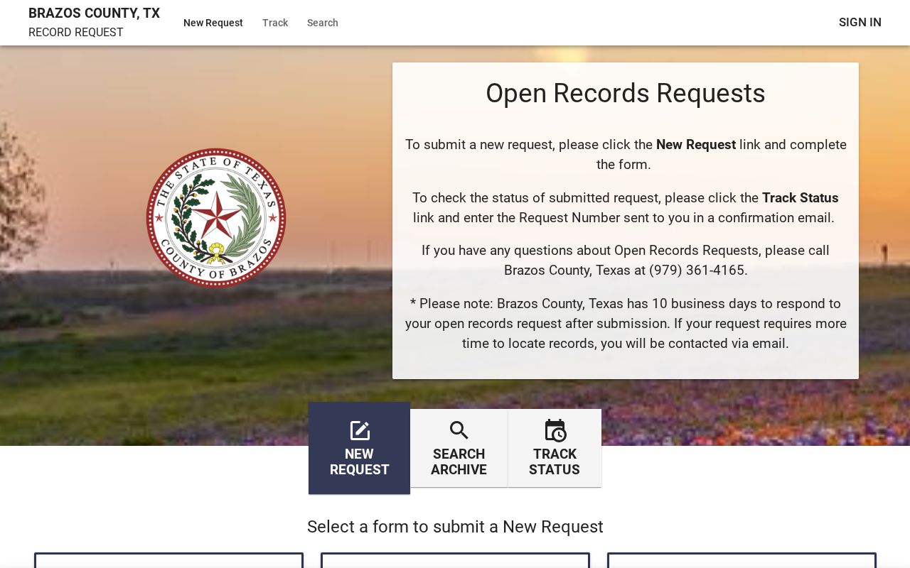 Brazos County JustFOIA new request screen