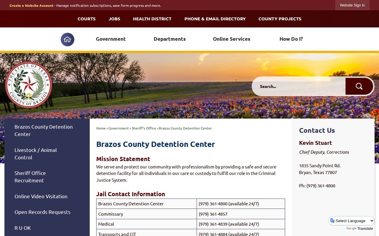 Brazos County Detention Center page with contact details and judicial records link