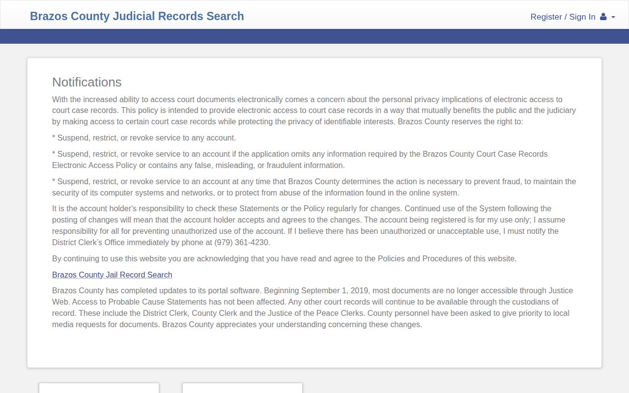 Brazos County judicial records portal search screen
