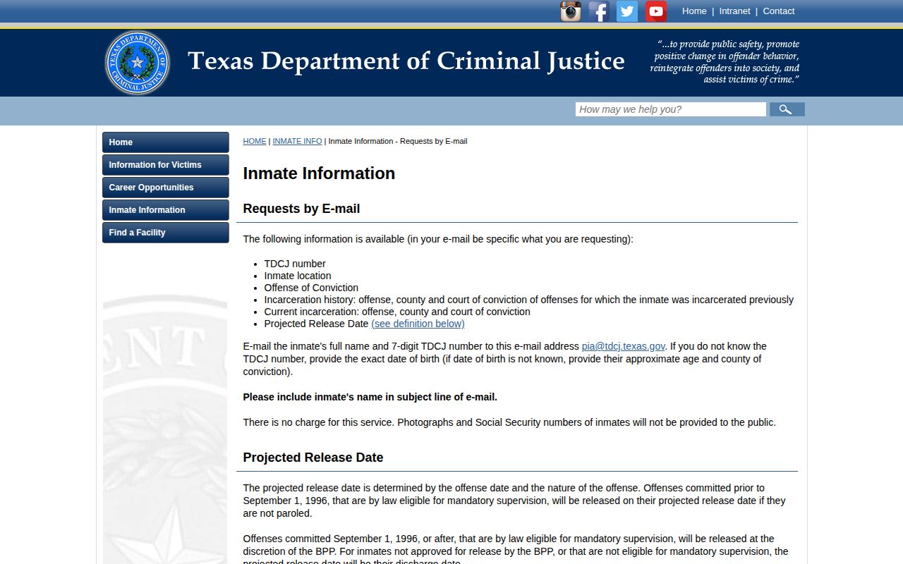 TDCJ projected release date definition and email request instructions