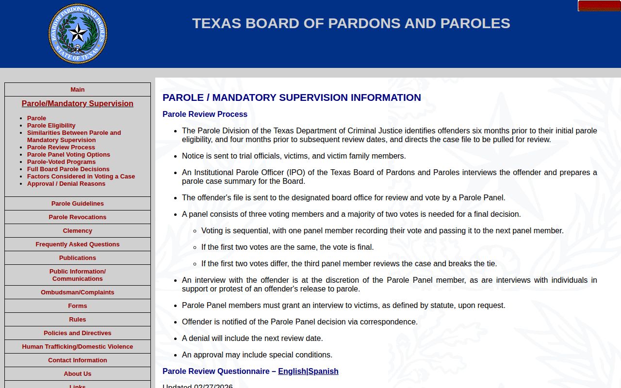 Texas parole review process and decision page
