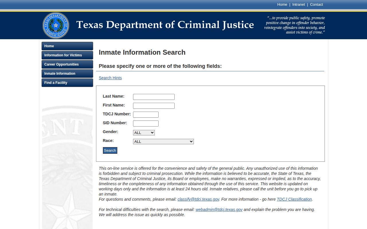 TDCJ Online Inmate Search form and record fields